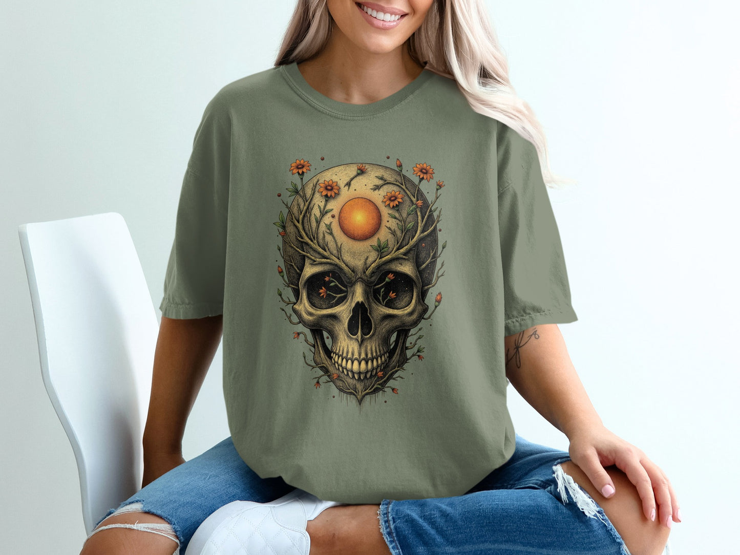 Skull with Sun and Floral Green T-Shirt product