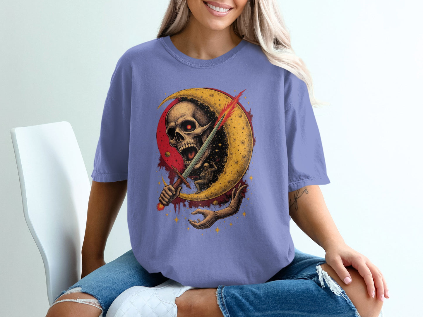 Spooky Moon Sword Skull Graphic Print T-shirt product