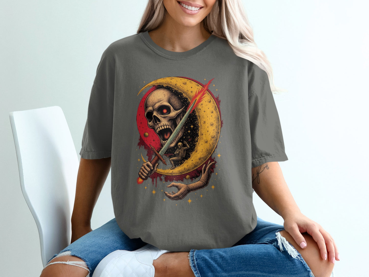 Moon Wielding Skeleton With Sword Graphic Shirt product
