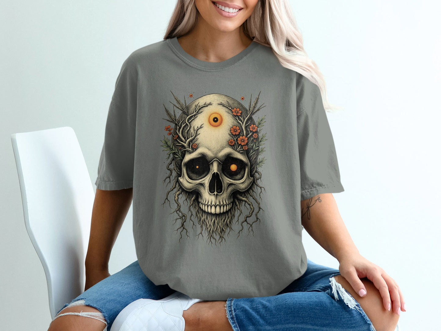 Skull with Flowers and Moon Graphic T-Shirt product