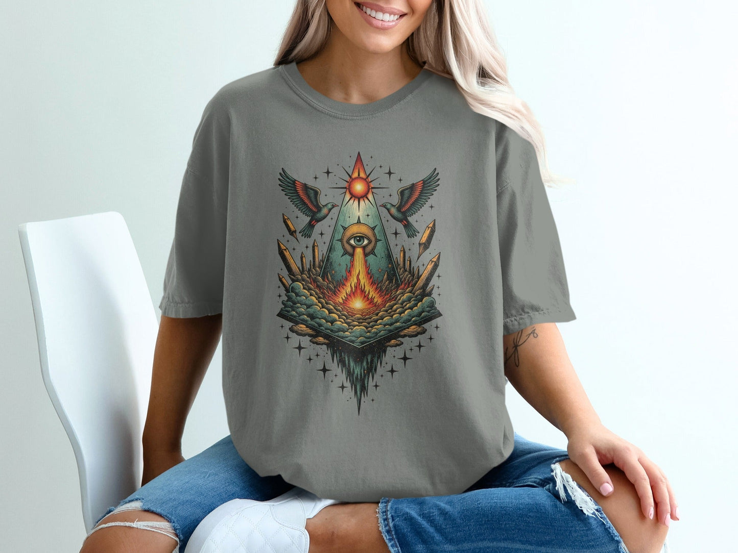 Eye Birds Crystals Pyramid Graphic Comfort Colors T-Shirt - IconVexa