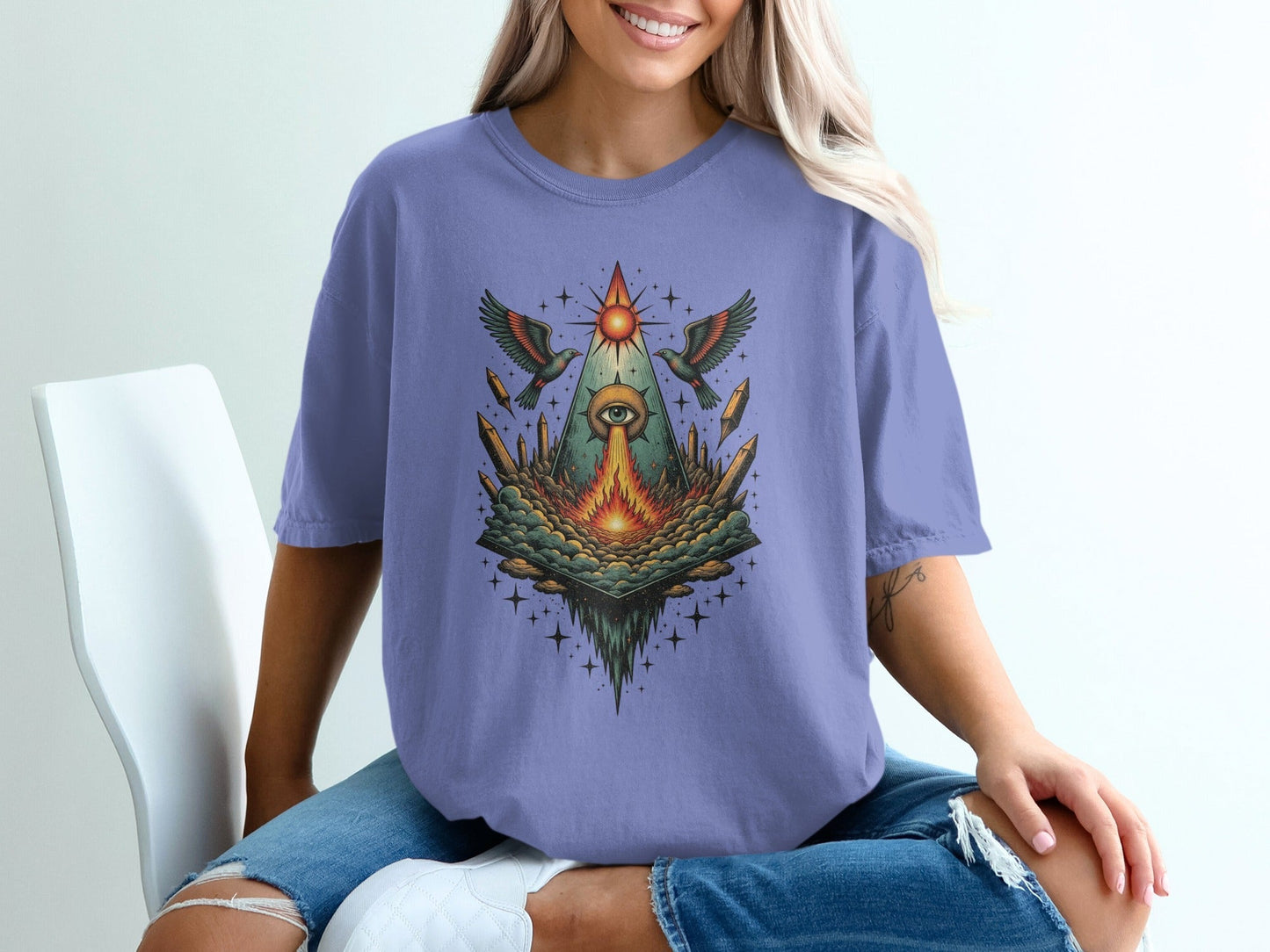 Eye Birds Crystals Pyramid Graphic Comfort Colors T-Shirt - IconVexa