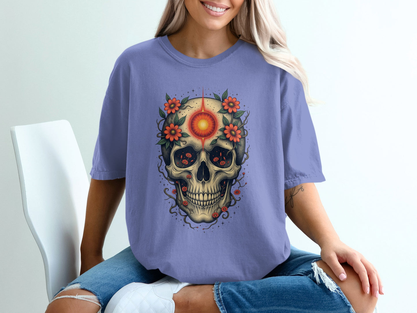 Floral Skull Detailed Graphic Unisex T-Shirt product