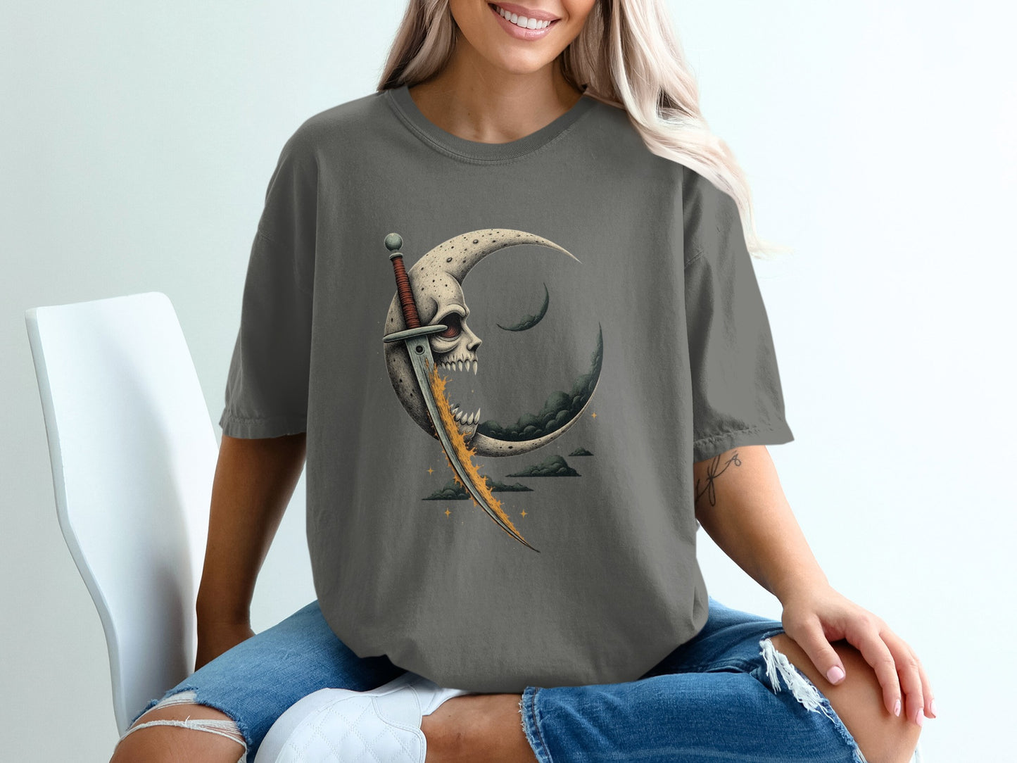 Moon and Skull Sword Design Short Sleeve Shirt product type