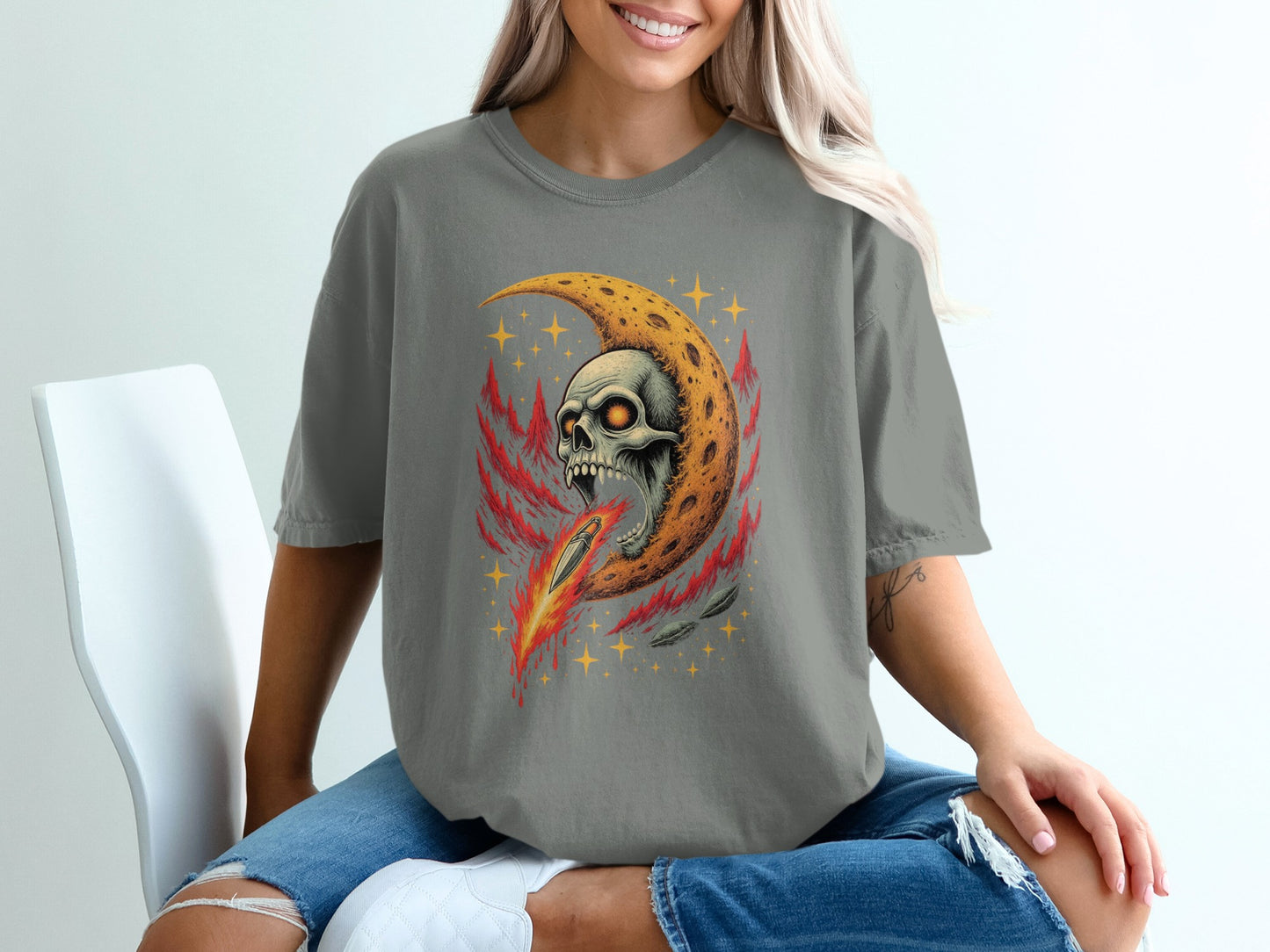 Flaming Skull Moon Graphic Shirt product type