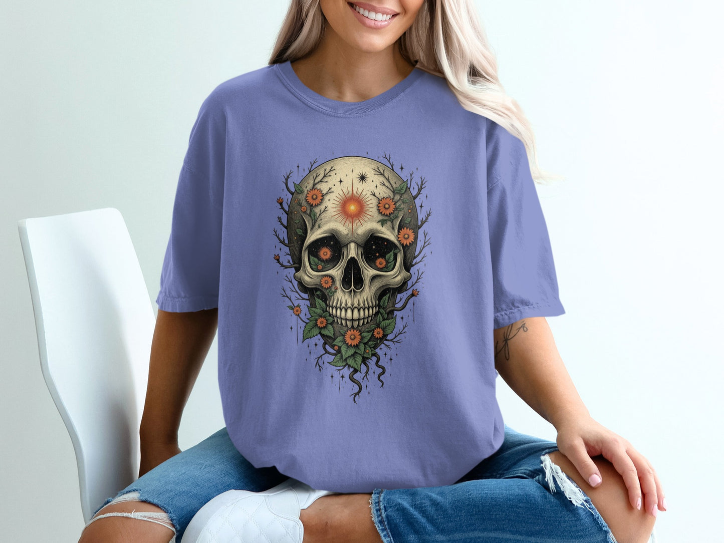Skull Flower Design Graphic Tee Stylish product