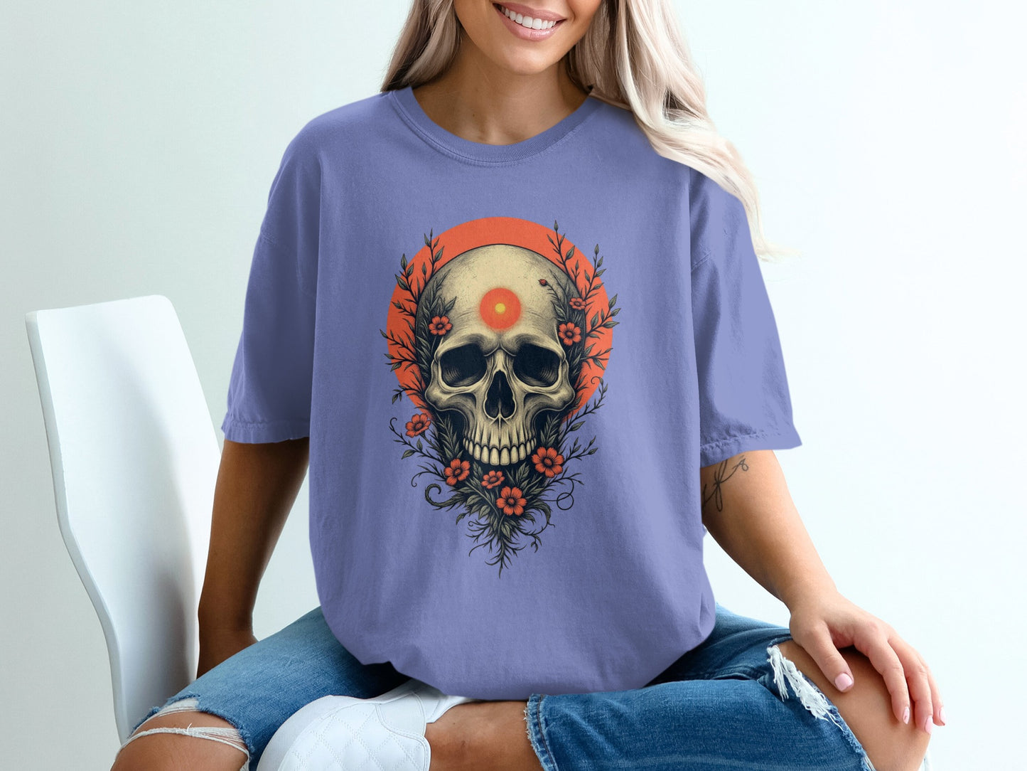 Skull with Colorful Floral Tattoo Graphic T-Shirt product