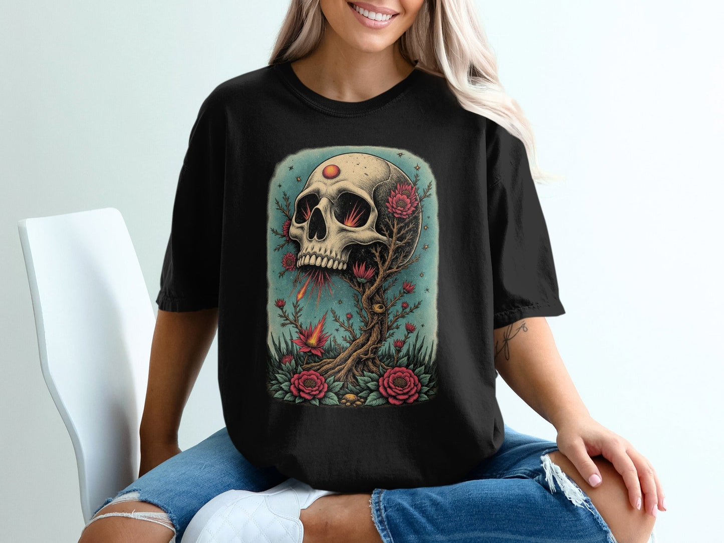 Floral Skull Rising T-Shirt Artistic Print Skull Design T-Shirt - IconVexa