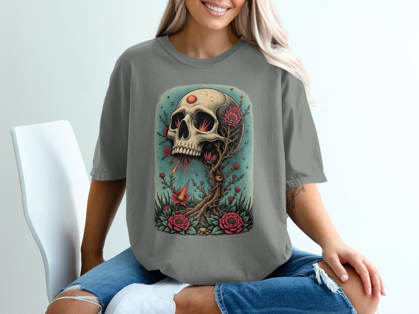 Floral Skull Rising T-Shirt Artistic Print Skull Design T-Shirt - IconVexa