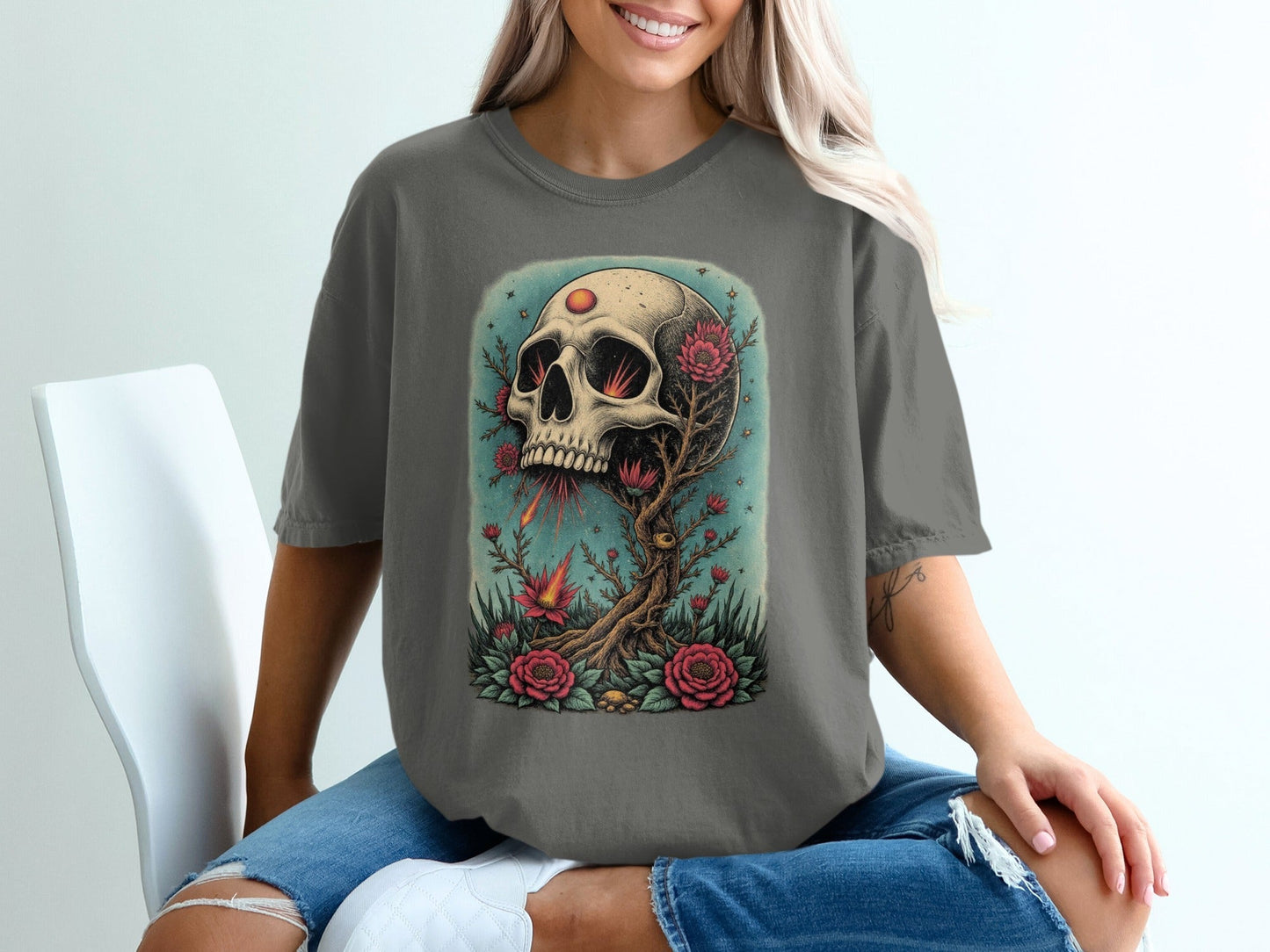 Floral Skull Rising T-Shirt Artistic Print Skull Design T-Shirt - IconVexa
