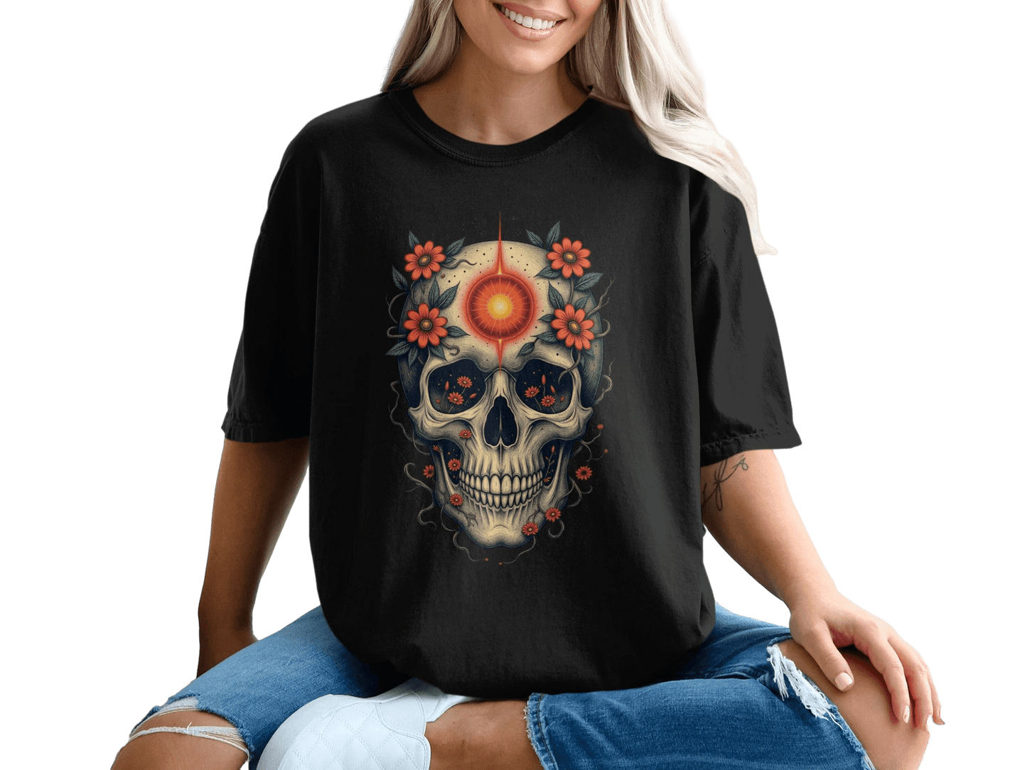 Floral Skull with Radiant Center Graphic Image T-Shirt - IconVexa