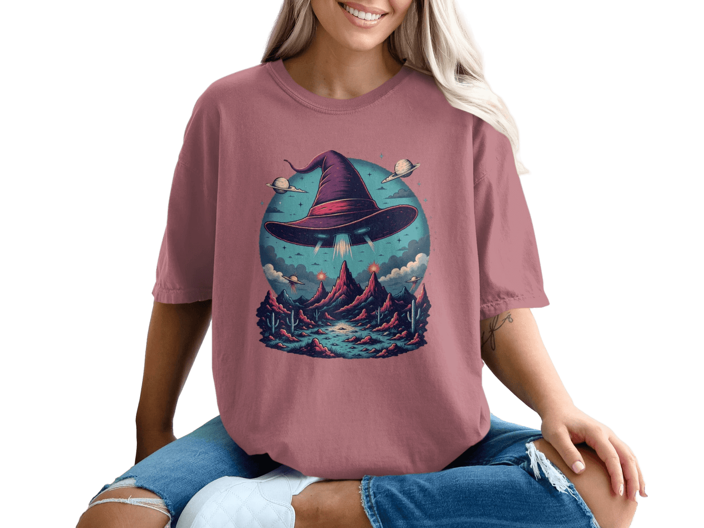 Flying Witch Hat UFO Desert Landscape Graphic Unisex T-Shirt - IconVexa