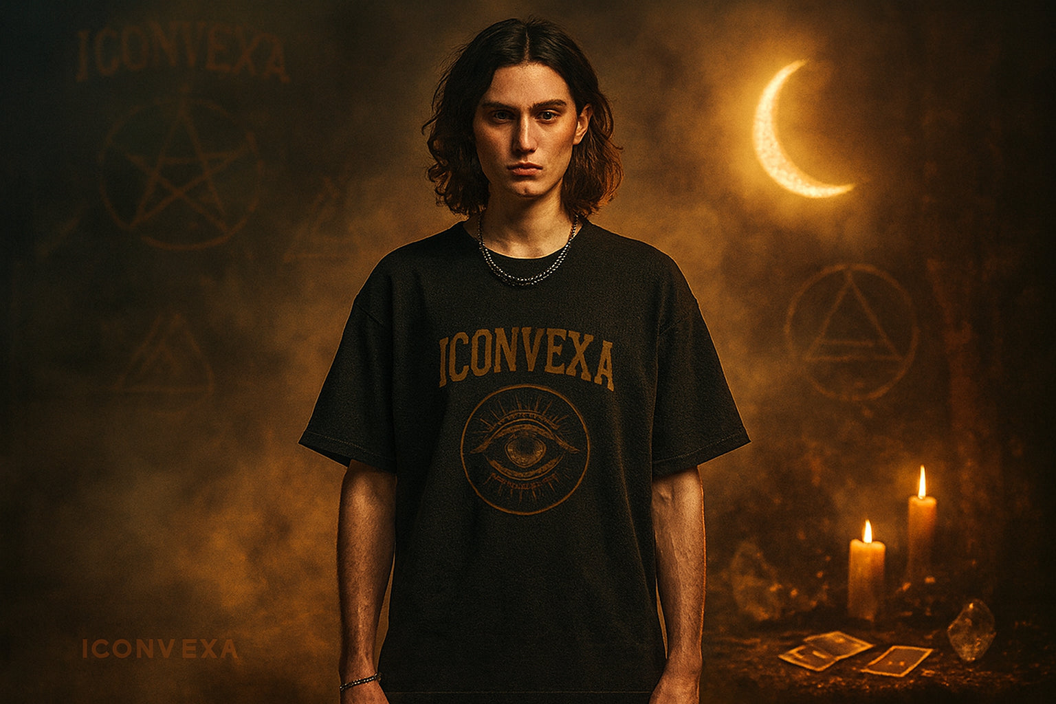 Model wearing an Iconvexa black t-shirt against a mystical background with candles and symbols.