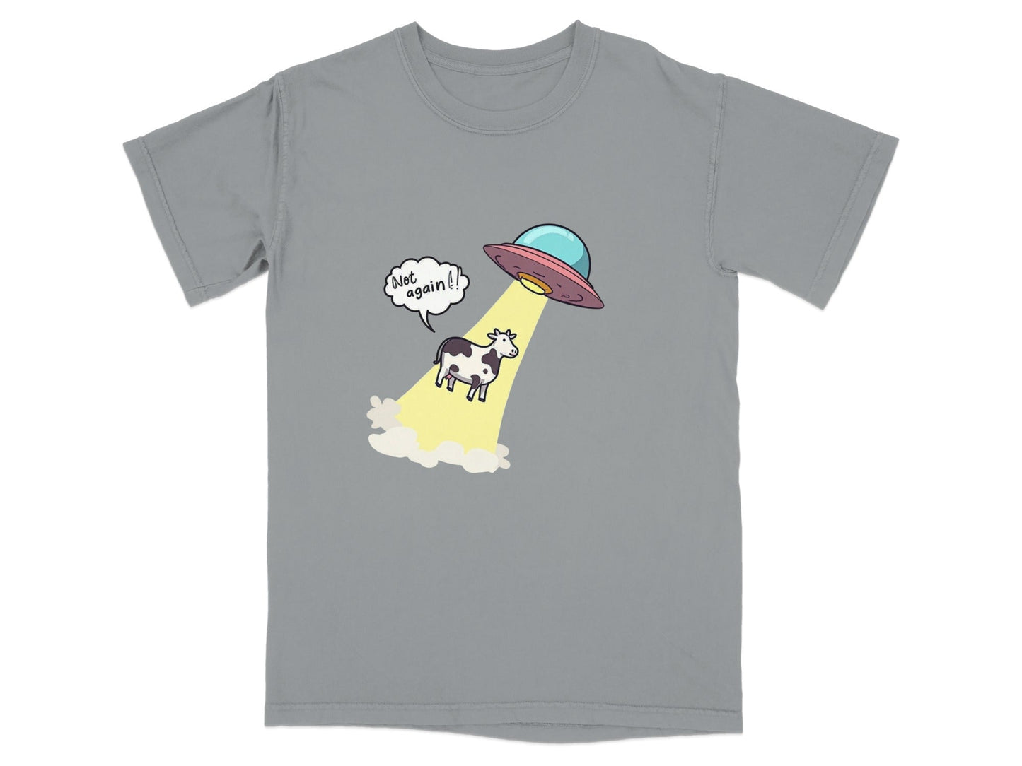 Funny cow abduction graphic tee with UFO and 'Not again!' text on medium gray t-shirt.