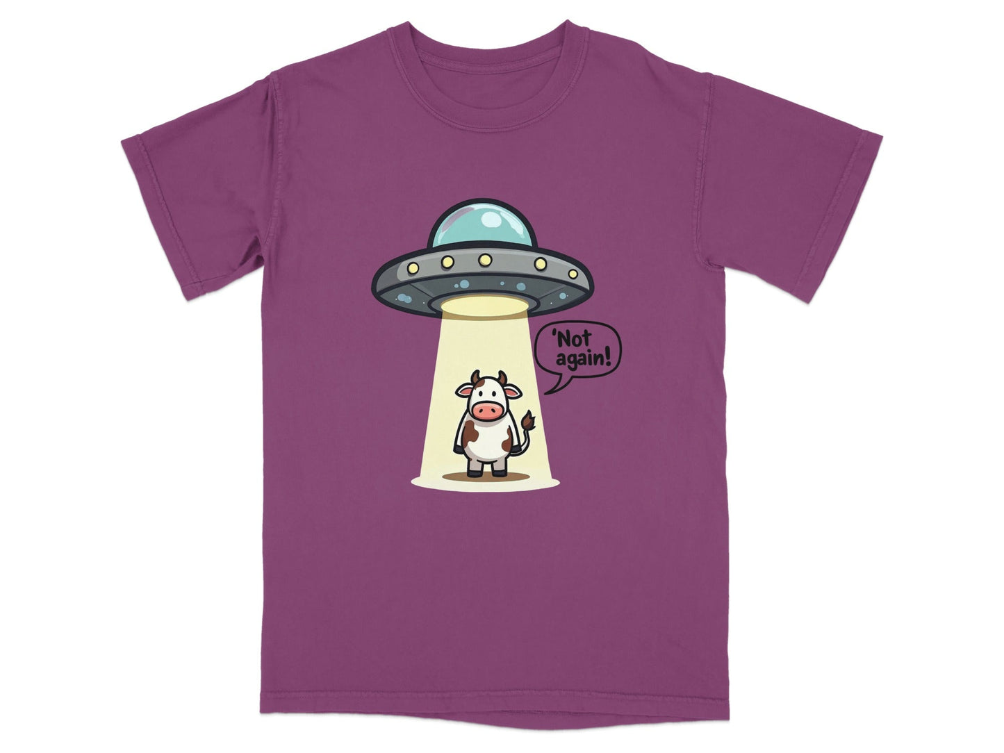 Funny cow abduction graphic t-shirt featuring a UFO and the text 'Not again!' in humorous design.