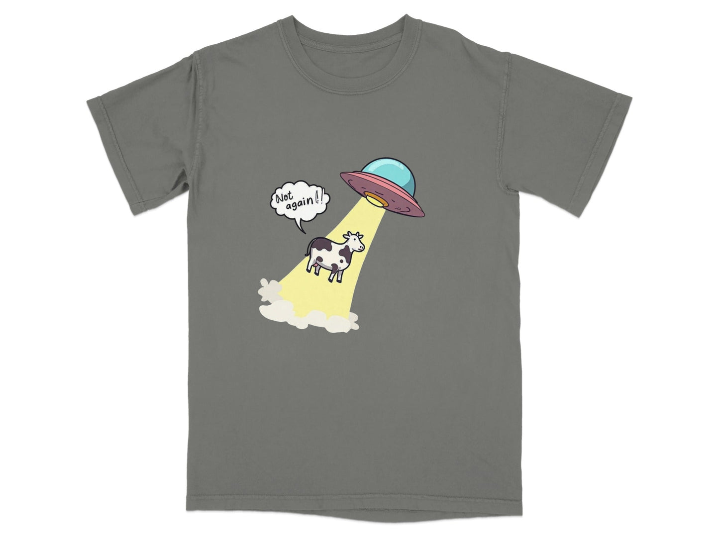 Funny cow abduction graphic t-shirt with UFO and 'Not Again!' text, perfect for UFO enthusiasts.