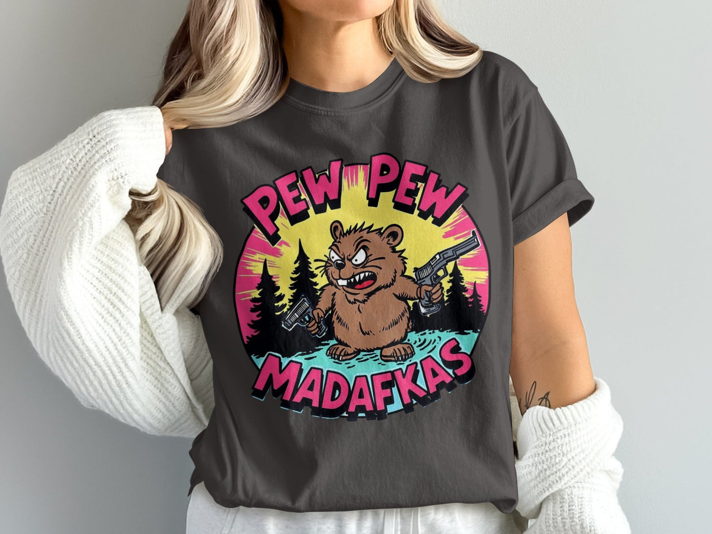 Funny Beaver T-Shirt, Pew Pew Madafkas Tee, Graphic Beaver Shirt, Gift for Beaver Lovers, Cute Animal Shirt, Novelty T-Shirt, Unisex T-Shirt - IconVexa