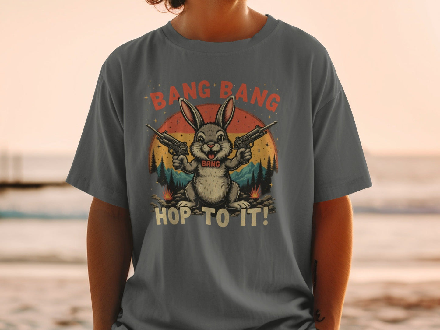 Funny Bunny T-Shirt, Bang Bang T-Shirt, Hop To It Tee, Rabbit with Guns Shirt, Novelty Bunny Tee, Unique Animal Shirt, Cool Graphic Tee - IconVexa