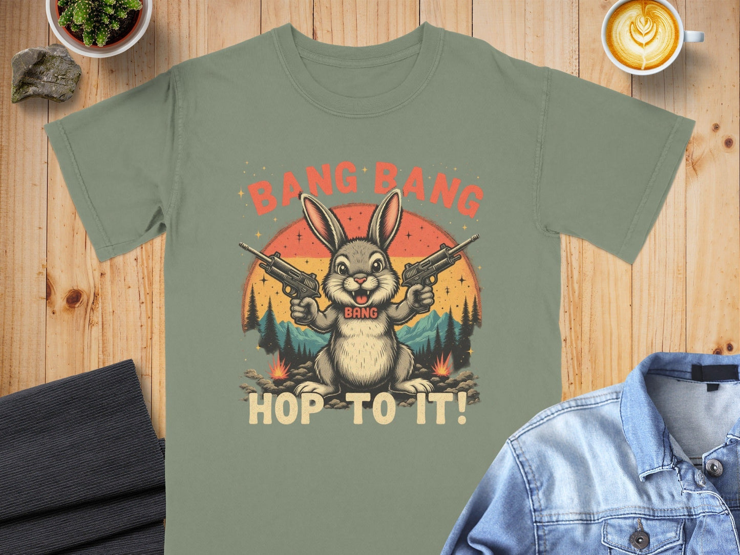 Funny Bunny T-Shirt, Bang Bang T-Shirt, Hop To It Tee, Rabbit with Guns Shirt, Novelty Bunny Tee, Unique Animal Shirt, Cool Graphic Tee - IconVexa