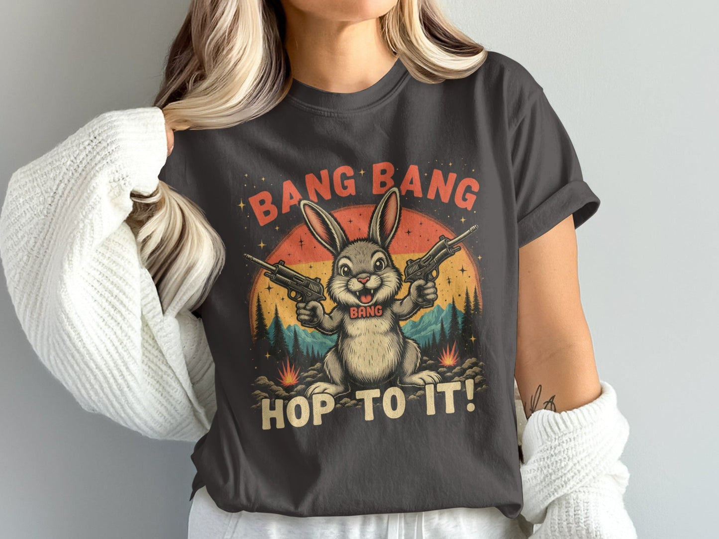 Funny Bunny T-Shirt, Bang Bang T-Shirt, Hop To It Tee, Rabbit with Guns Shirt, Novelty Bunny Tee, Unique Animal Shirt, Cool Graphic Tee - IconVexa