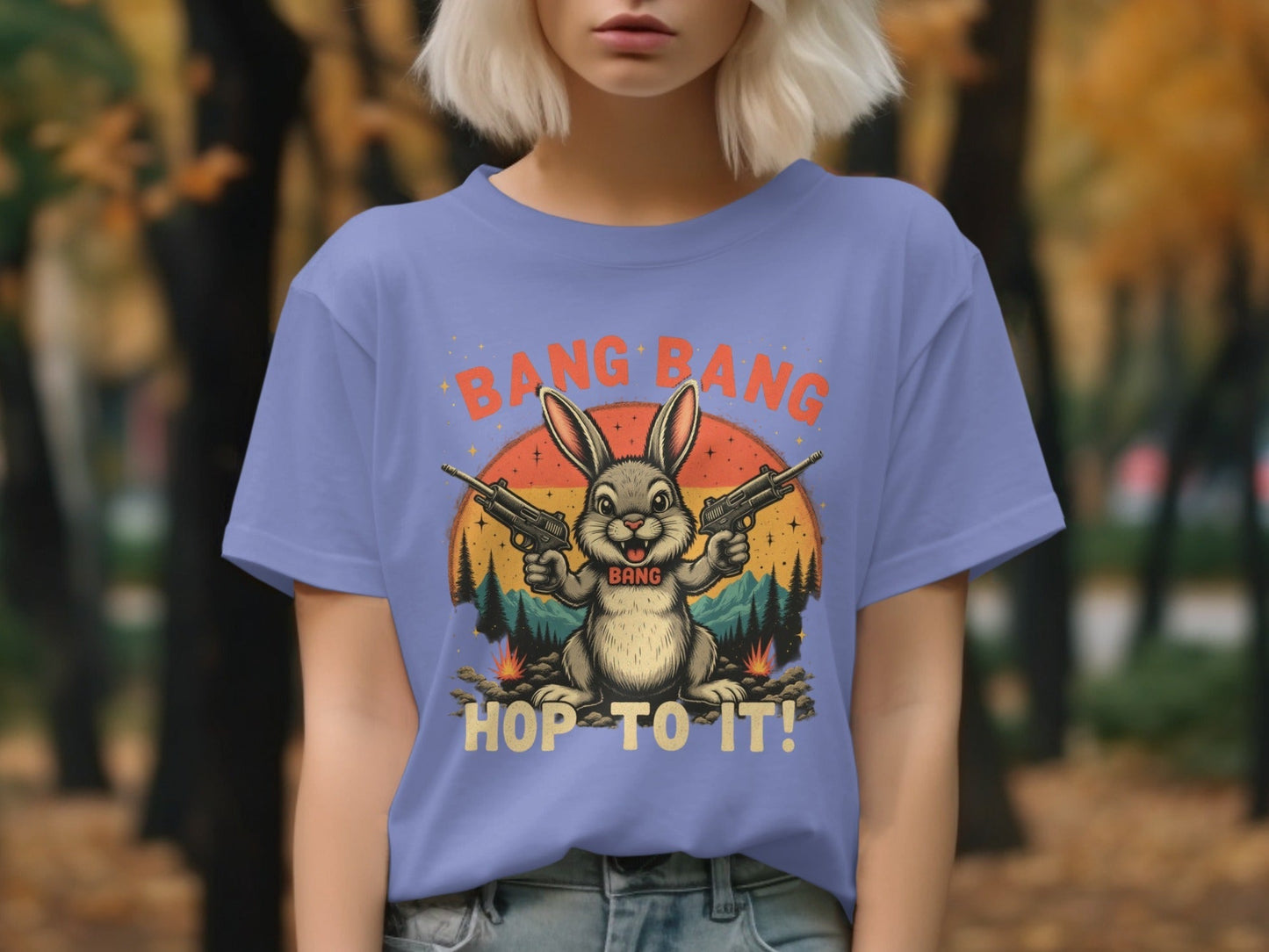 Funny Bunny T-Shirt, Bang Bang T-Shirt, Hop To It Tee, Rabbit with Guns Shirt, Novelty Bunny Tee, Unique Animal Shirt, Cool Graphic Tee - IconVexa