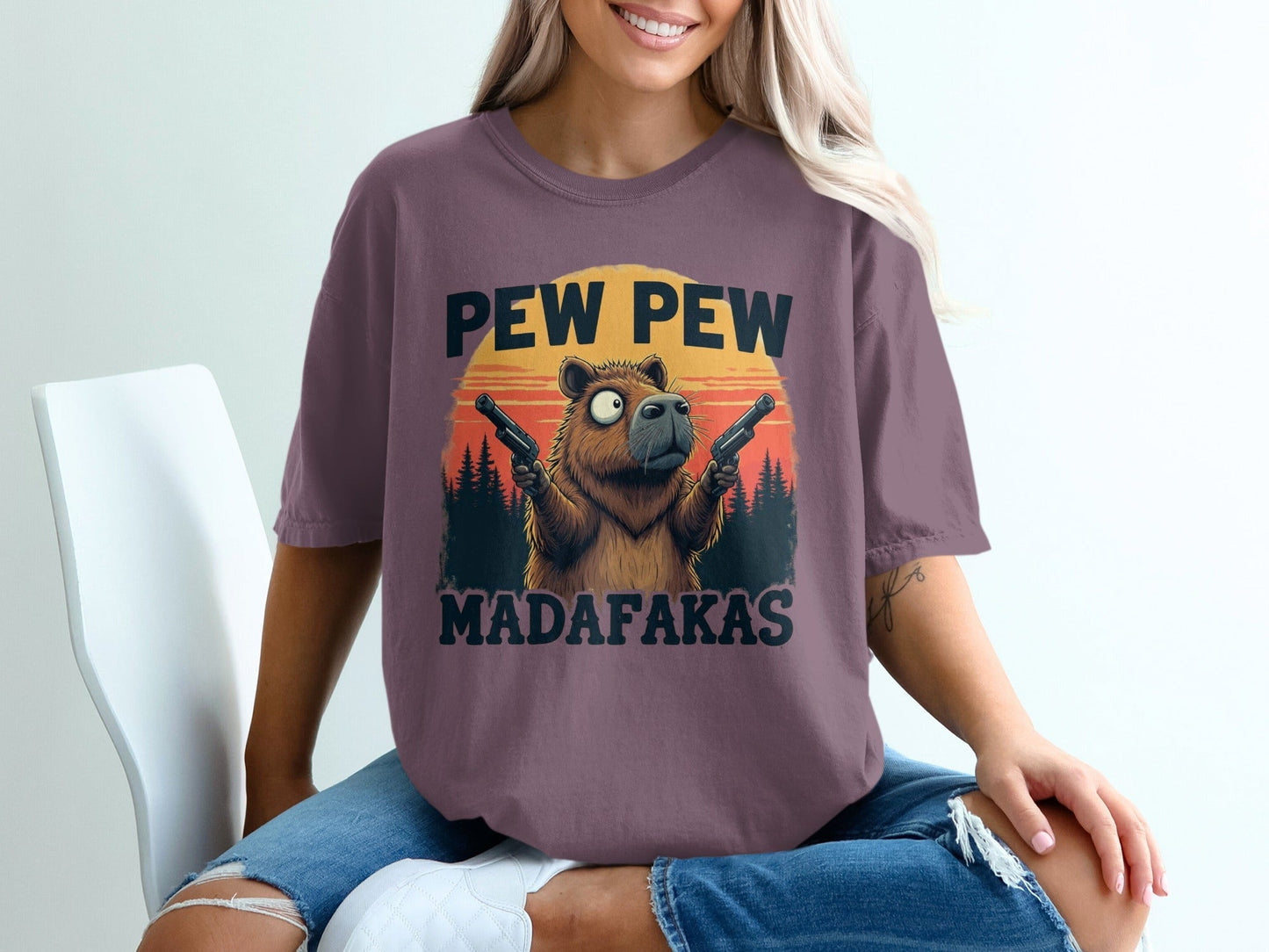 Funny Capybara T-Shirt, Pew Pew Madafakas Tee, Cute Rodent Shirt, Unique Animal Graphic, Trendy Novelty Apparel, Gift Idea for Her Him - IconVexa