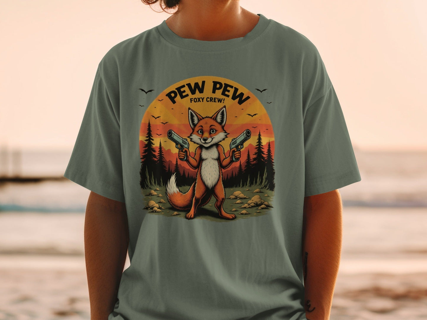 Funny Fox T-Shirt, Pew Pew Shirt, Foxy Crew Tee, Animal Shirt, Cartoon Shirt, Sunset T-Shirt, Novelty Tee, Graphic T Shirt - IconVexa