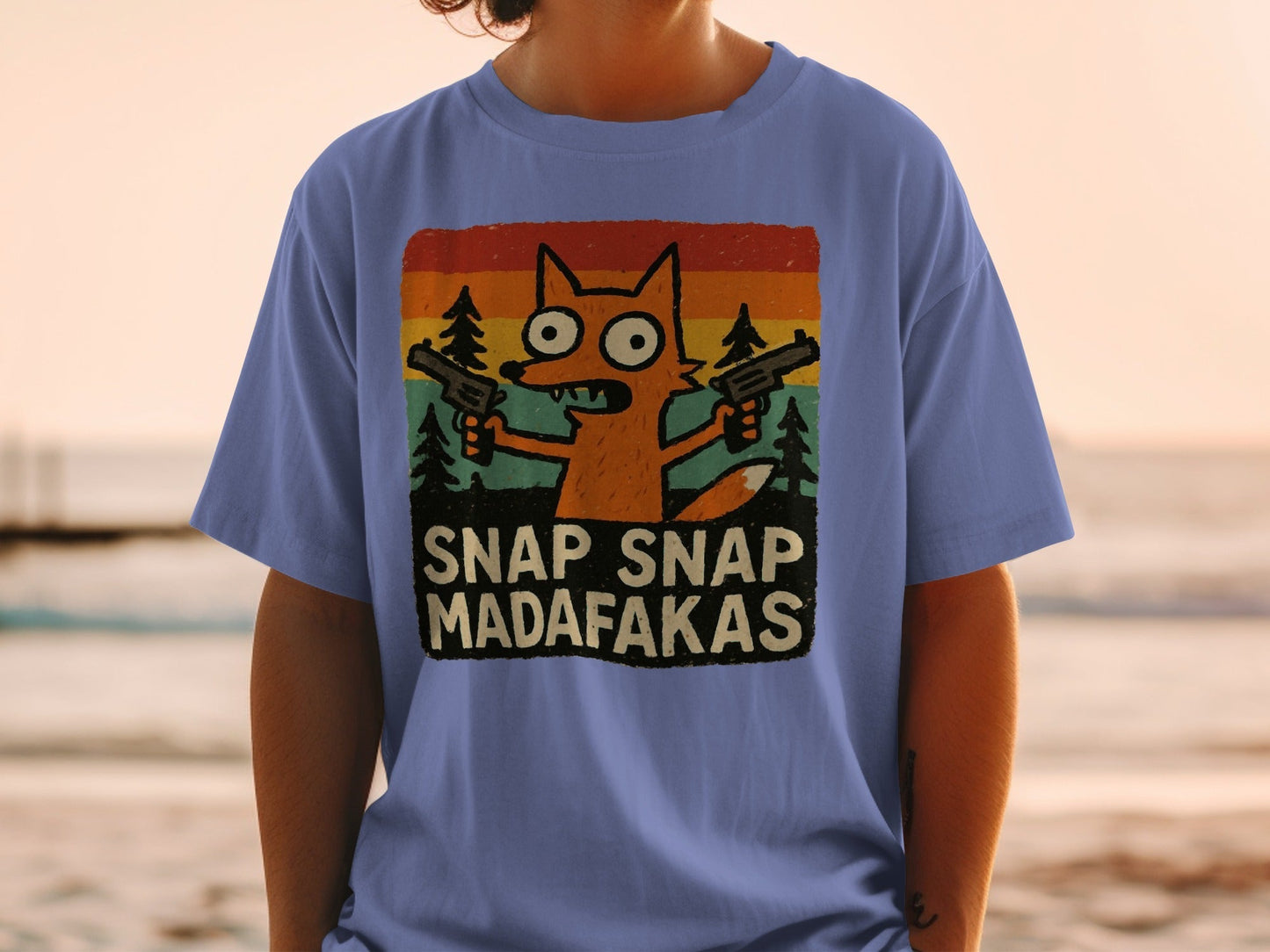 Funny Fox T-Shirt, Snap Snap, Novelty Graphic Tee, Cartoon Fox Shirt, Retro Sunset T-Shirt, Humor Tee Shirt, Unique Design T Shirt - IconVexa