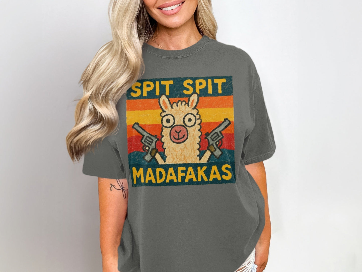 Funny Llama T-Shirt, Spit Spit Madafakas Tee, Novelty Animal Shirt, Retro Style T-Shirt, Gift for Llama Lovers, Trending Design Tee - IconVexa