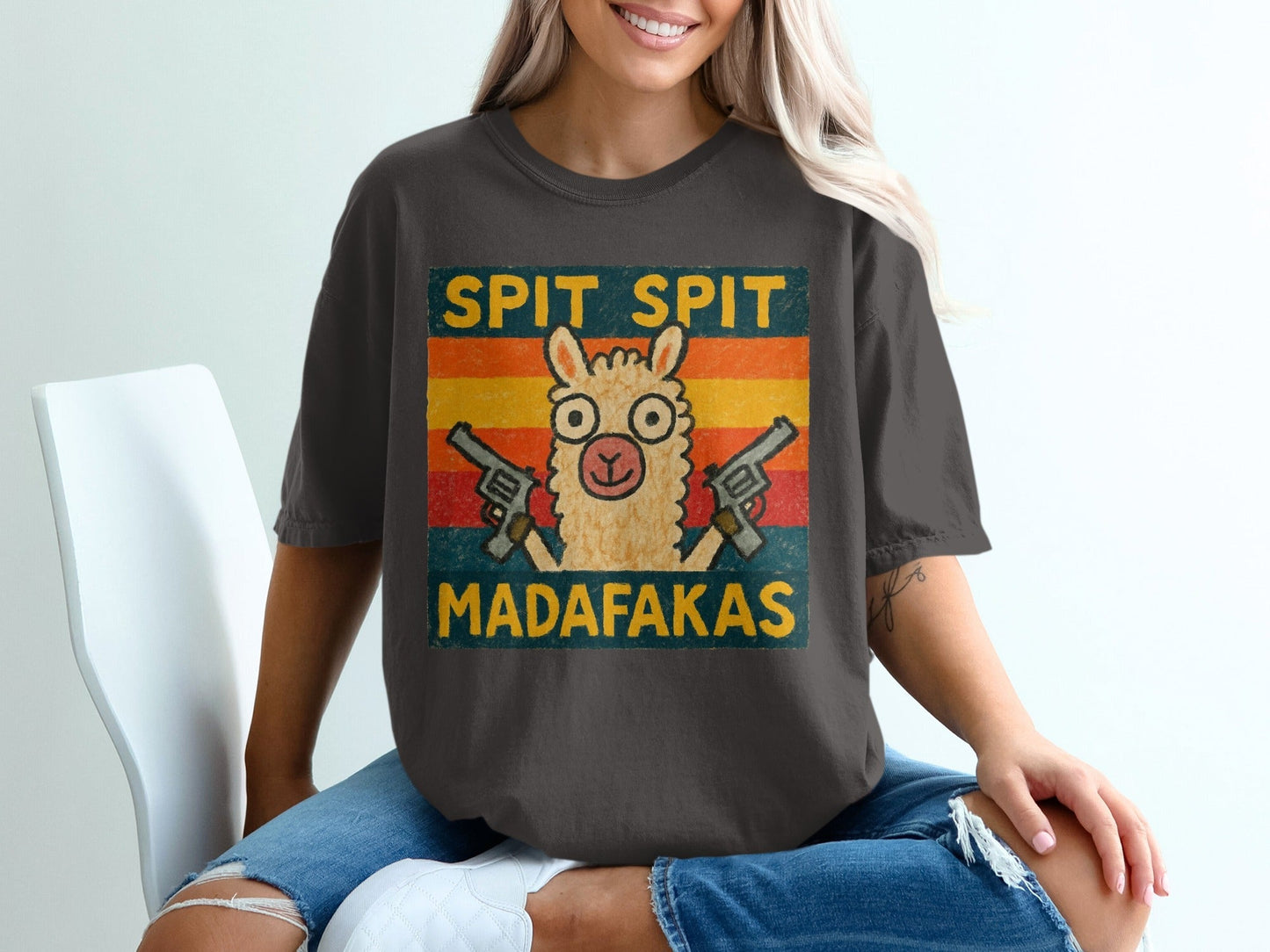 Funny Llama T-Shirt, Spit Spit Madafakas Tee, Novelty Animal Shirt, Retro Style T-Shirt, Gift for Llama Lovers, Trending Design Tee - IconVexa