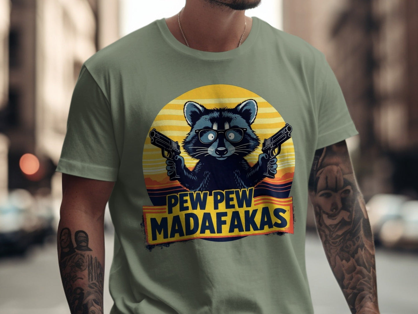Funny Raccoon T-Shirt, Pew Pew Madafakas Tee, Gangster Animal Shirt, Graphic T-Shirt, Cool Raccoon Design, Novelty T-Shirt - IconVexa