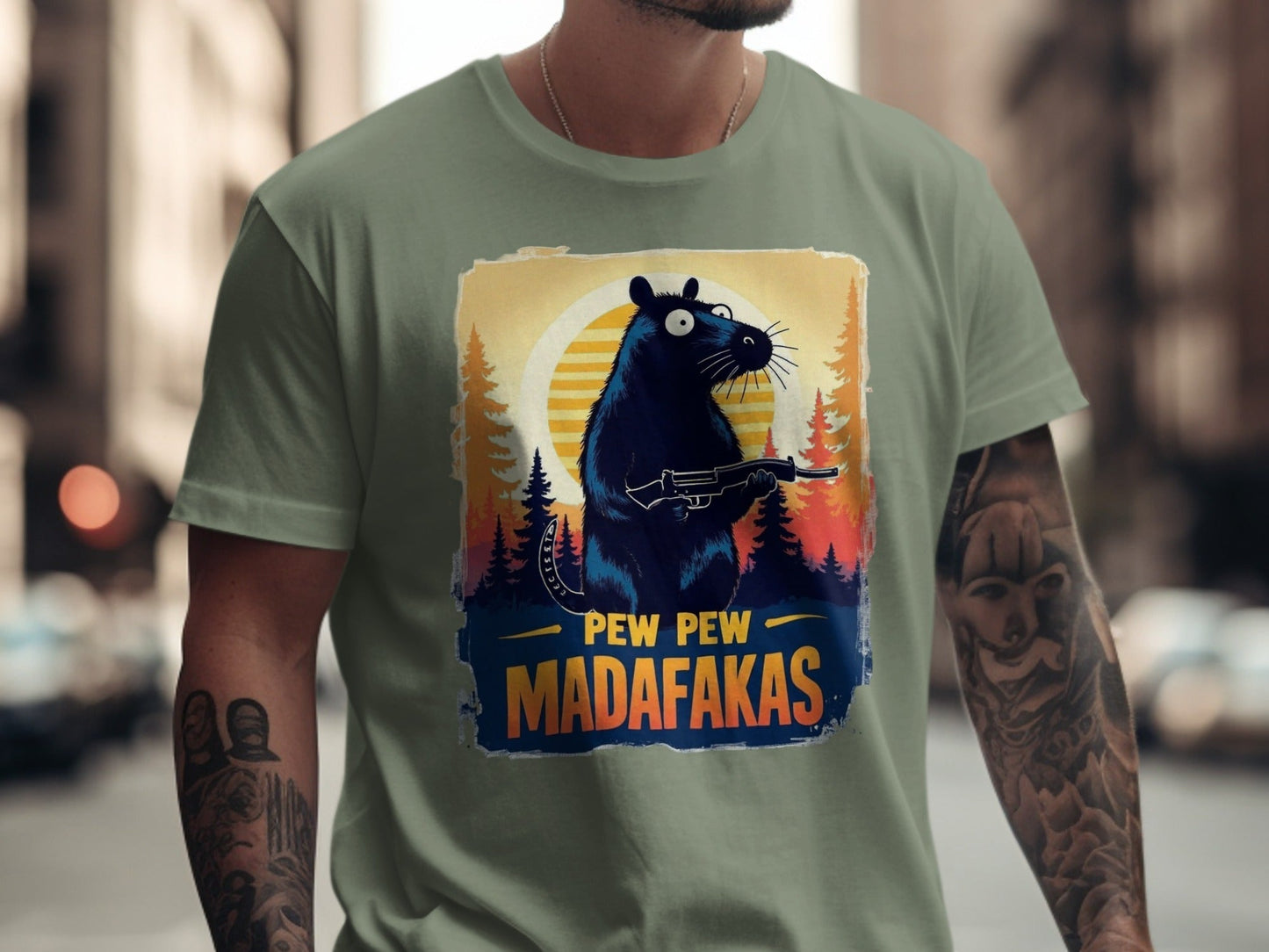 Funny Rat T-Shirt, Pew Pew Madafakas Tee, Gangster Rodent Shirt, Gun Rat T-Shirt, Sunset T-Shirt, Wildlife T-Shirt, Humor T-Shirt - IconVexa