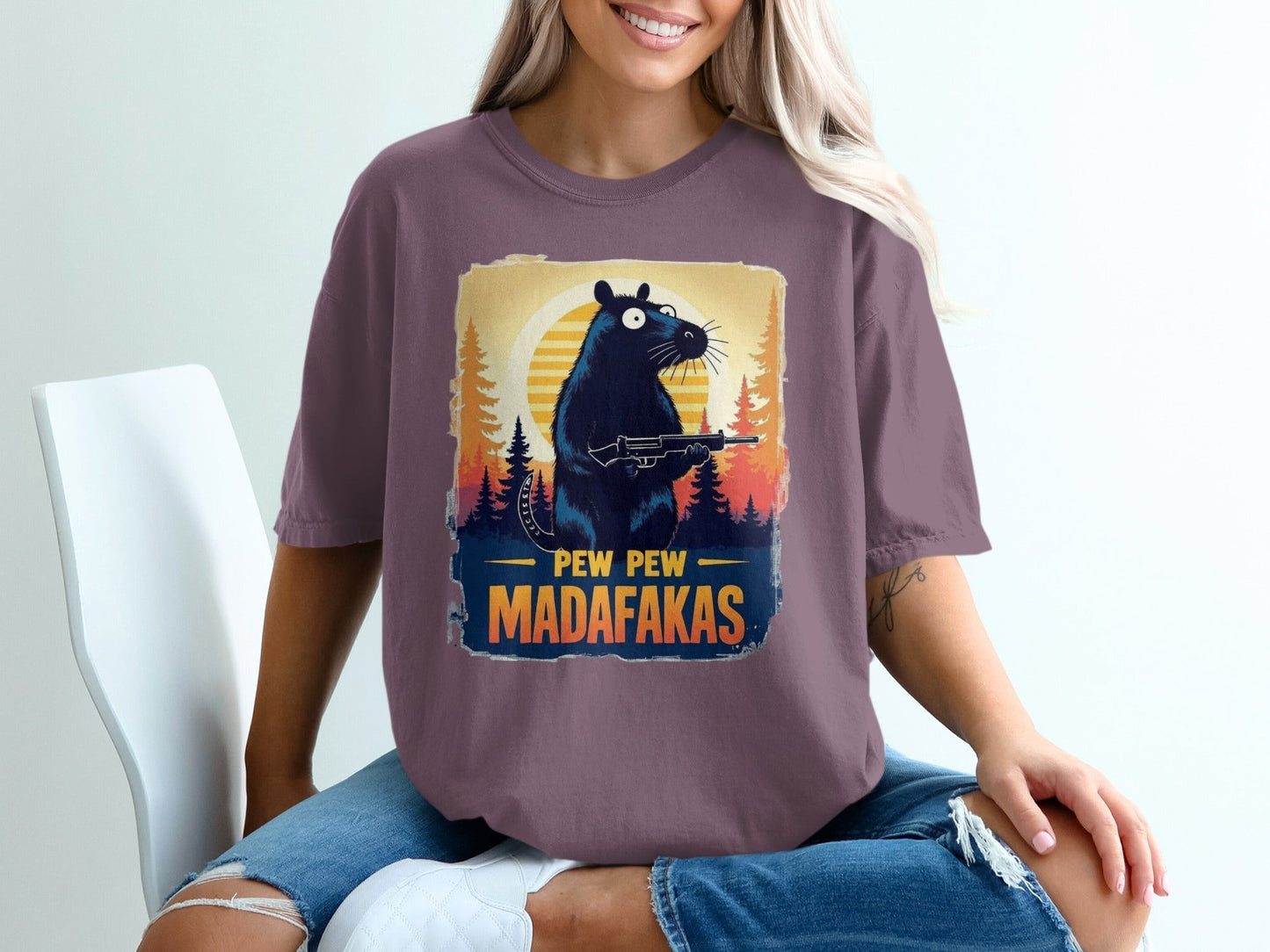 Funny Rat T-Shirt, Pew Pew Madafakas Tee, Gangster Rodent Shirt, Gun Rat T-Shirt, Sunset T-Shirt, Wildlife T-Shirt, Humor T-Shirt - IconVexa
