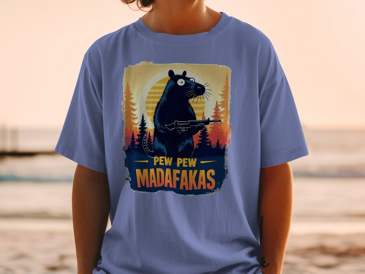 Funny Rat T-Shirt, Pew Pew Madafakas Tee, Gangster Rodent Shirt, Gun Rat T-Shirt, Sunset T-Shirt, Wildlife T-Shirt, Humor T-Shirt - IconVexa