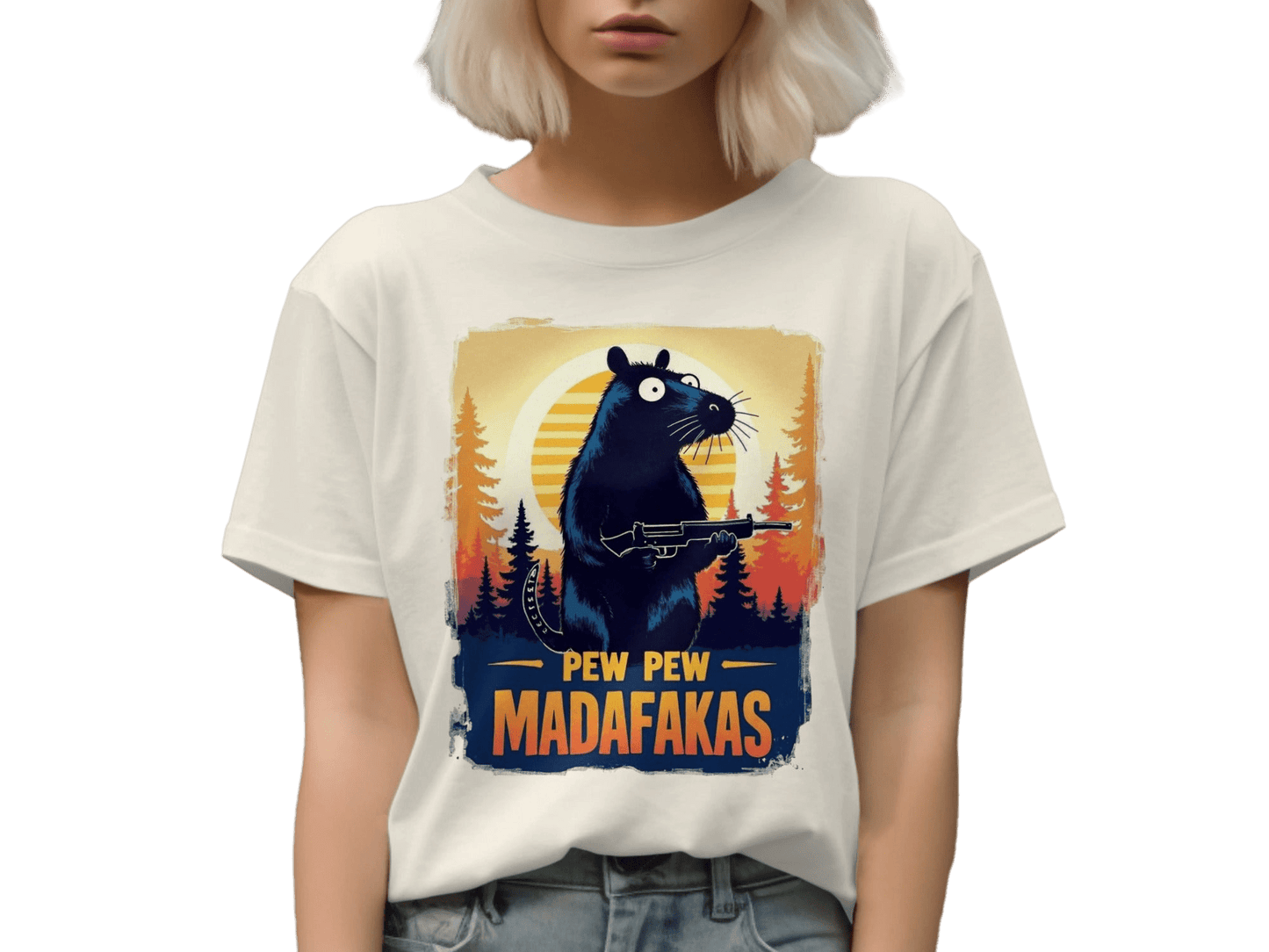 Funny Rat T-Shirt, Pew Pew Madafakas Tee, Gangster Rodent Shirt, Gun Rat T-Shirt, Sunset T-Shirt, Wildlife T-Shirt, Humor T-Shirt - IconVexa