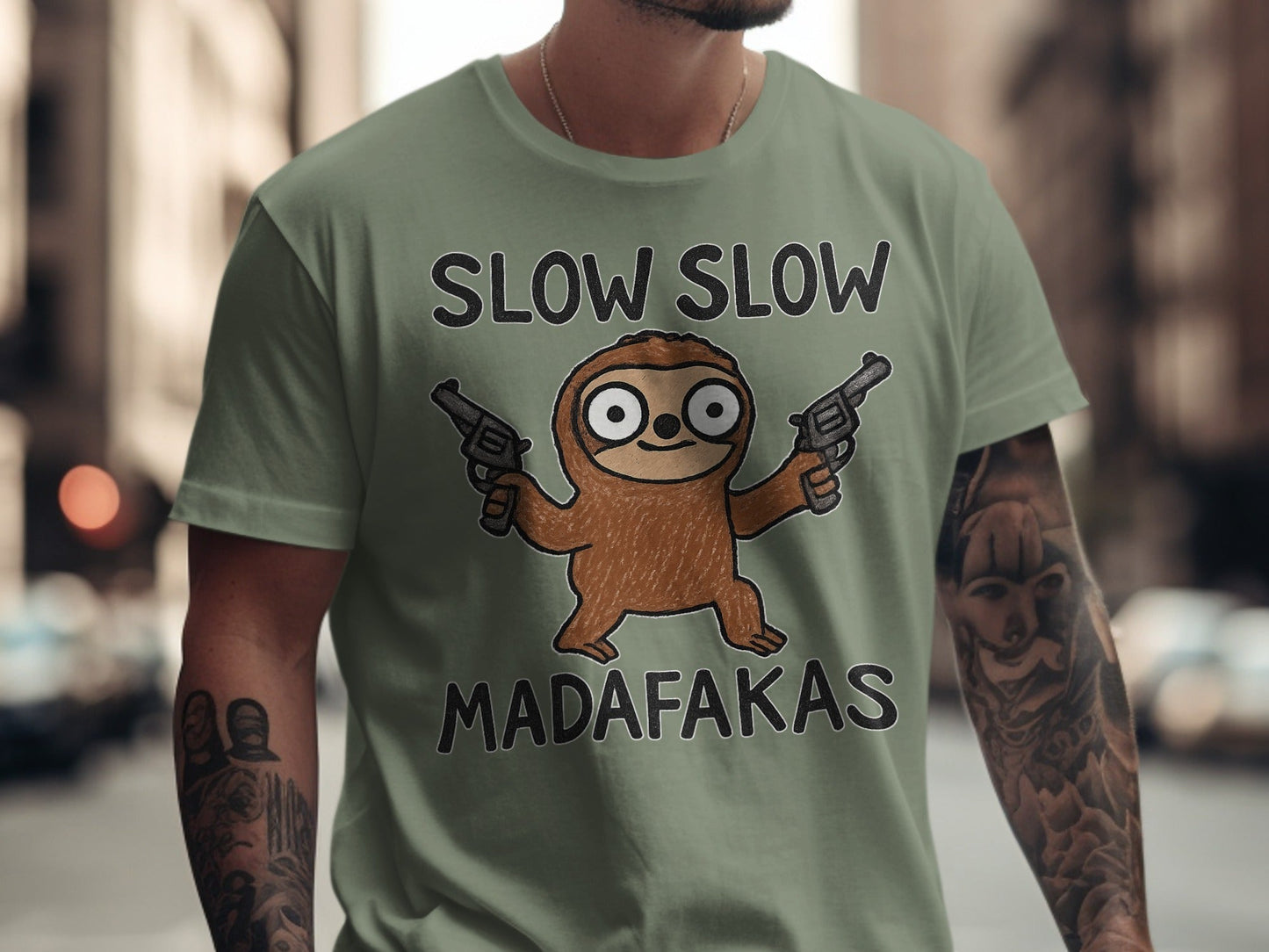 Funny Sloth T Shirt, Slow Slow Madafakas Tee, Animal Graphic Tee, Humor T Shirt, Sloth with Guns T Shirt, Novelty Gift, Unisex T-Shirt - IconVexa