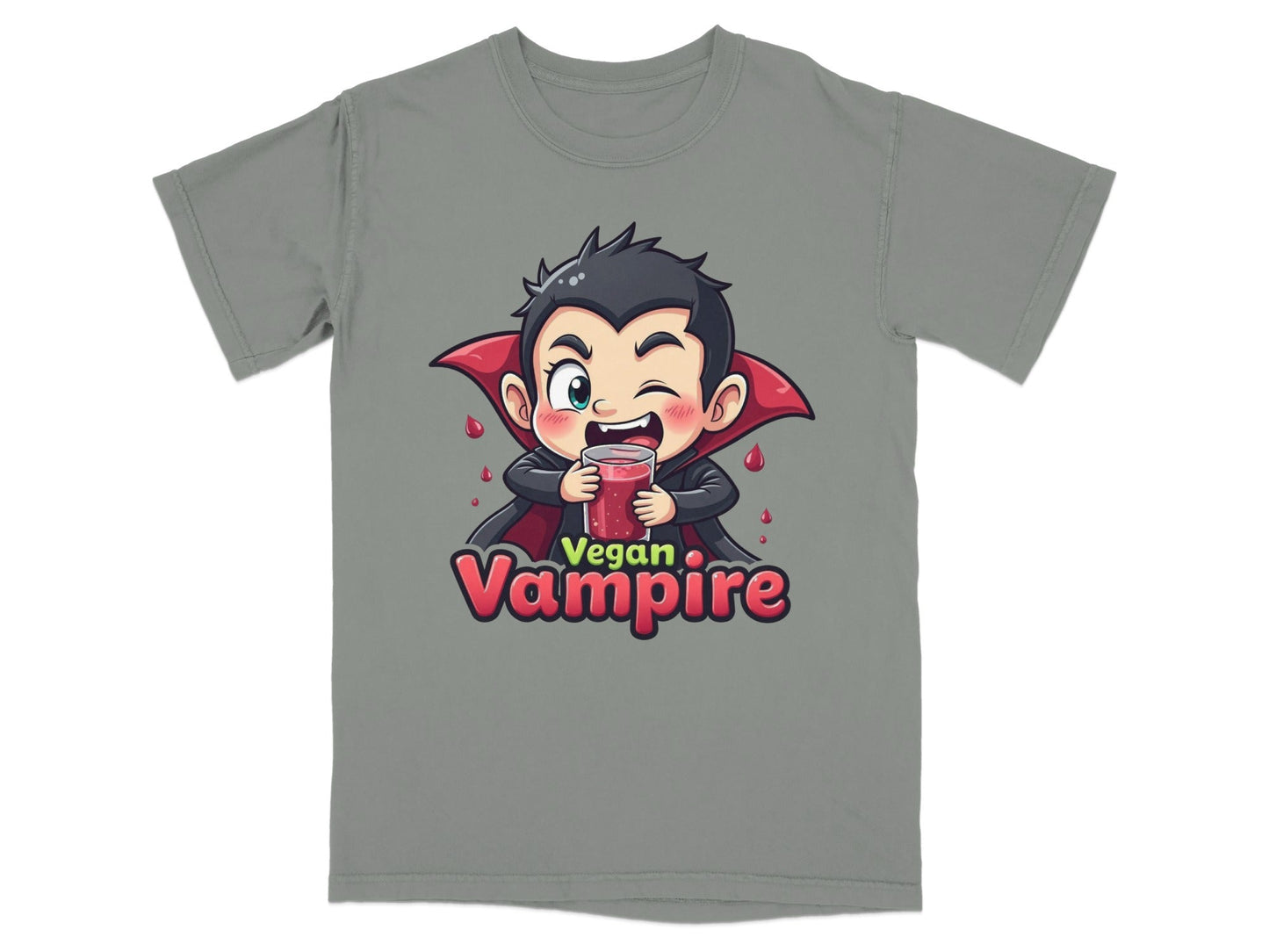Funny Vegan Vampire Drinking Juice Cartoon Graphic T-Shirt - IconVexa
