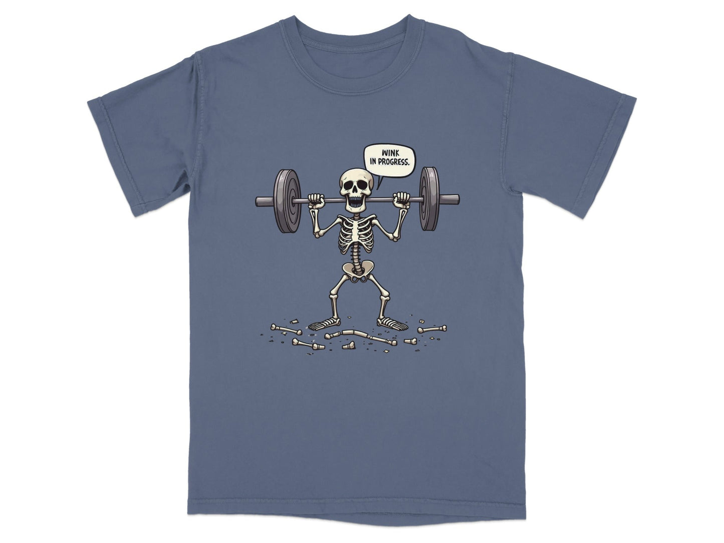 Funny Wink In Progress Skeleton Lifting Weights T-Shirt - IconVexa