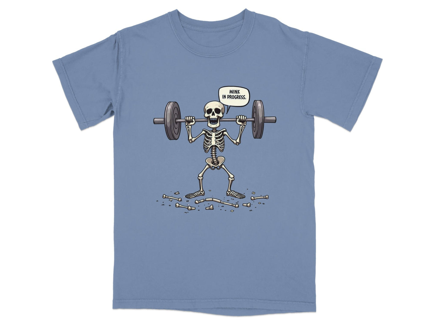 Funny Wink In Progress Skeleton Lifting Weights T-Shirt - IconVexa