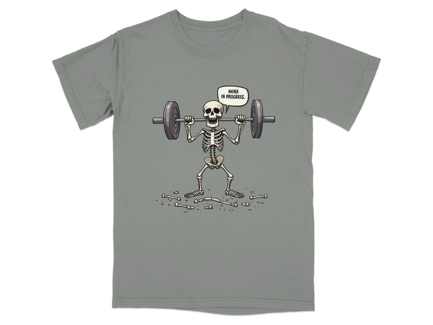 Funny Wink In Progress Skeleton Lifting Weights T-Shirt - IconVexa