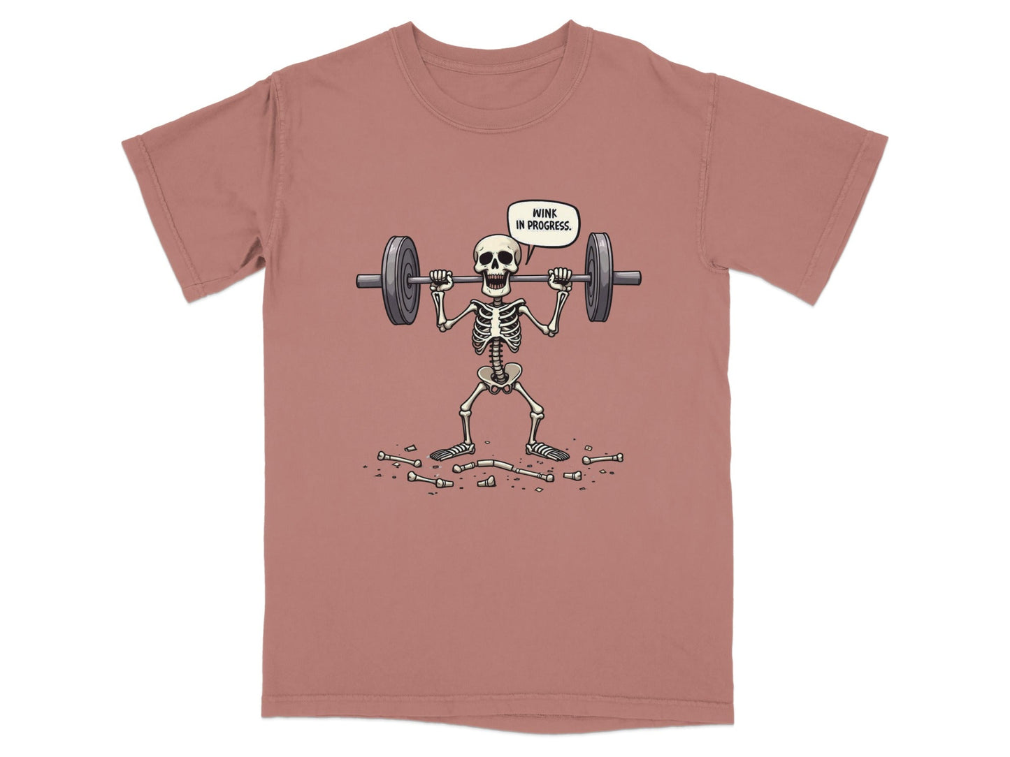 Funny Wink In Progress Skeleton Lifting Weights T-Shirt - IconVexa
