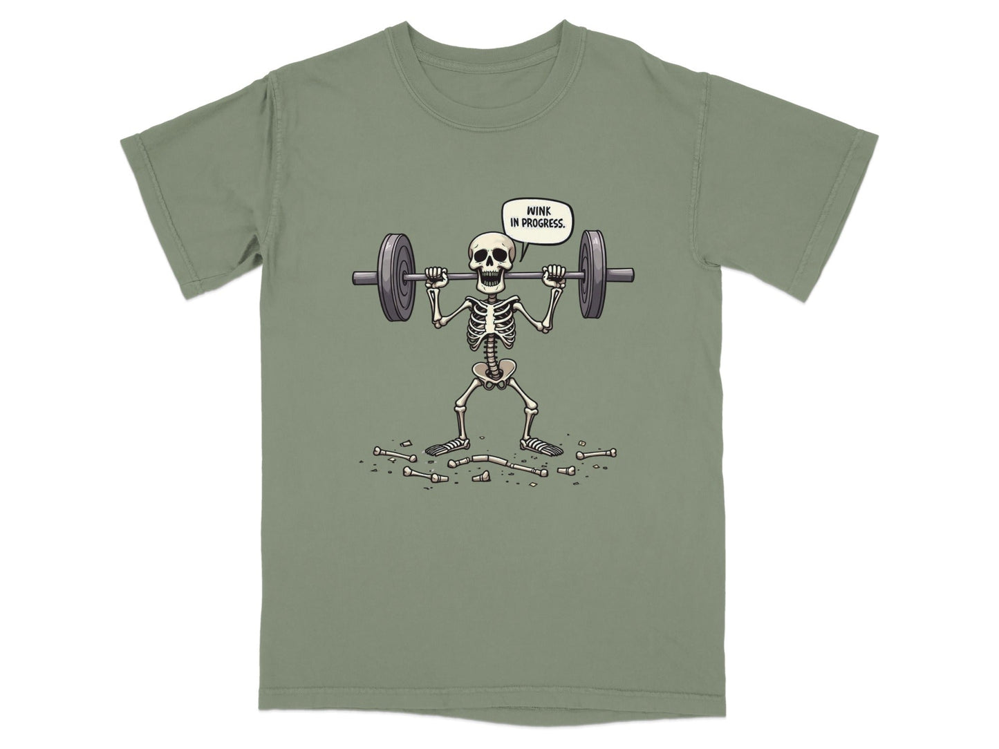 Funny Wink In Progress Skeleton Lifting Weights T-Shirt - IconVexa