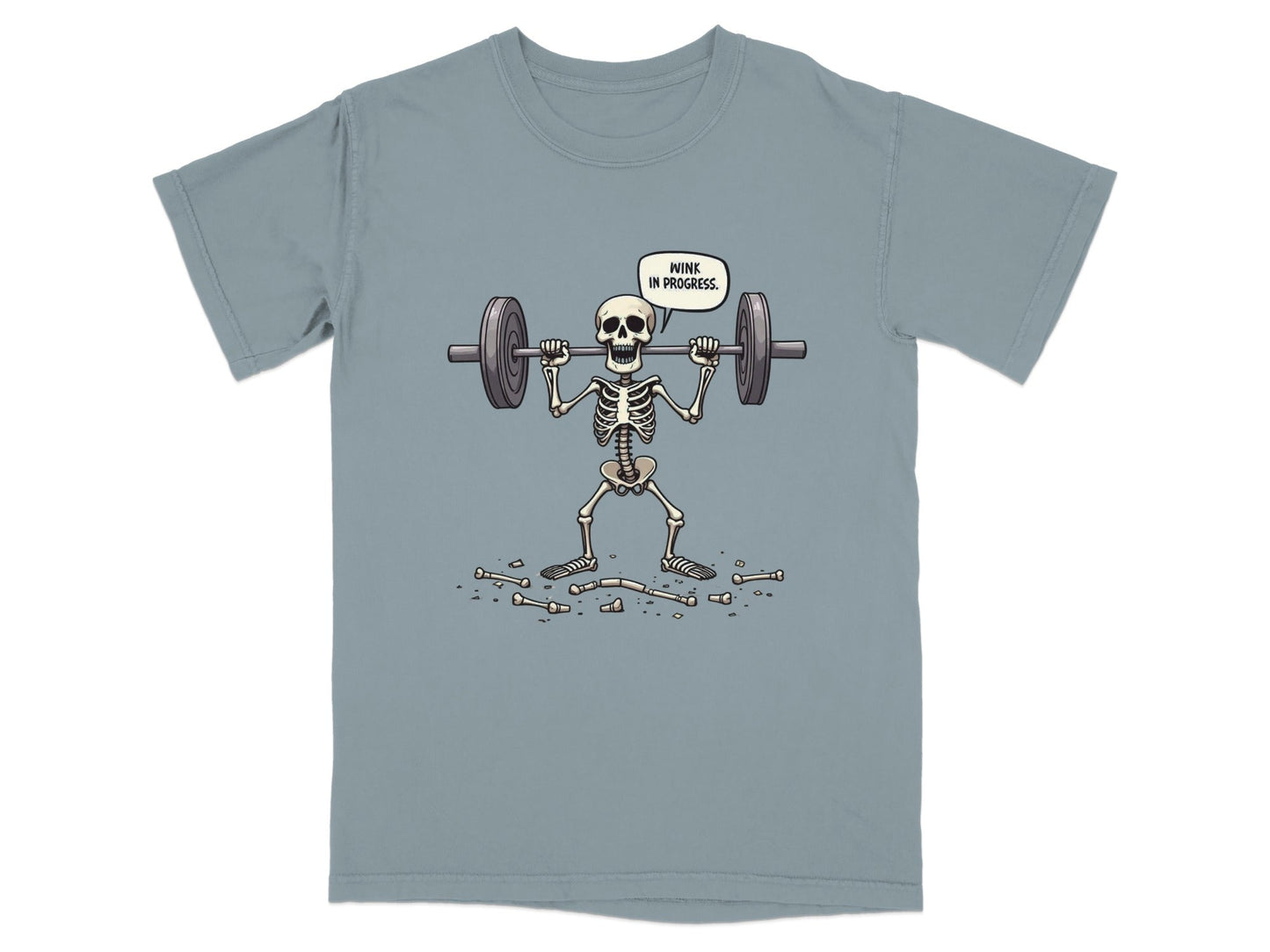 Funny Wink In Progress Skeleton Lifting Weights T-Shirt - IconVexa
