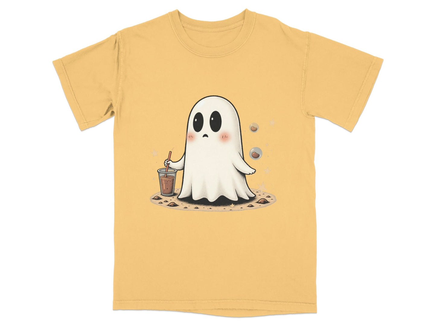 Ghost with Drink and Stars Halloween Cute Art T-Shirt - IconVexa