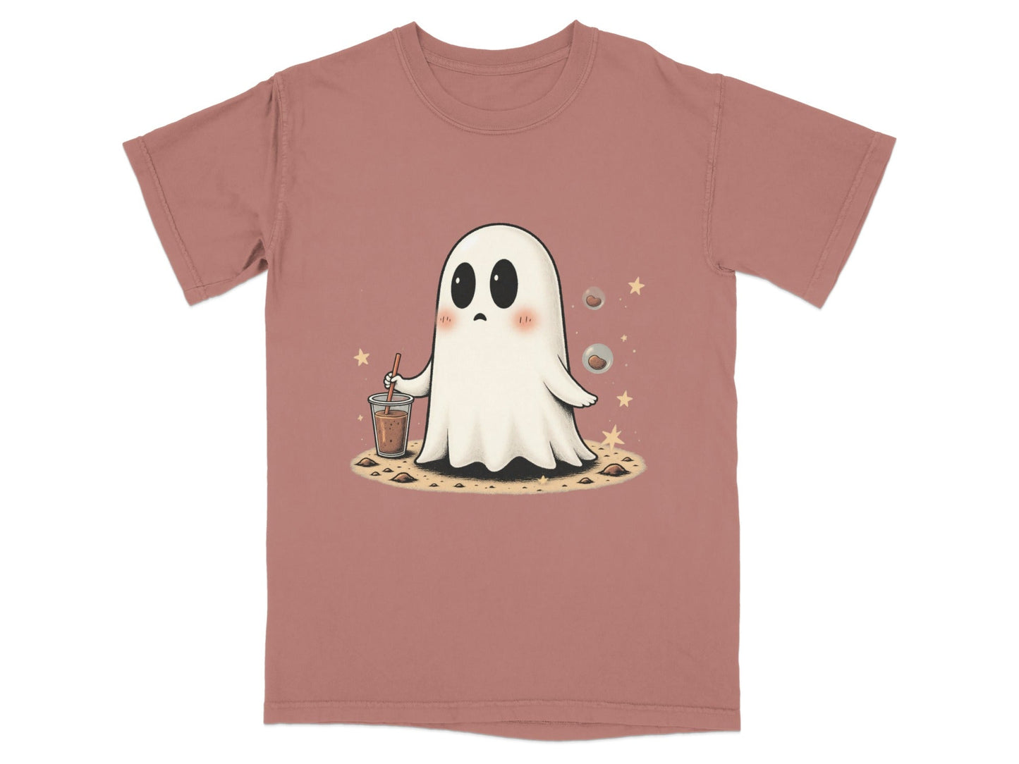 Ghost with Drink and Stars Halloween Cute Art T-Shirt - IconVexa