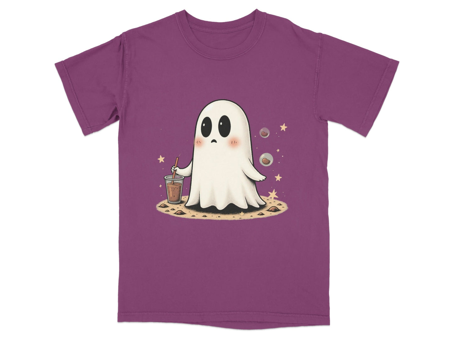 Ghost with Drink and Stars Halloween Cute Art T-Shirt - IconVexa