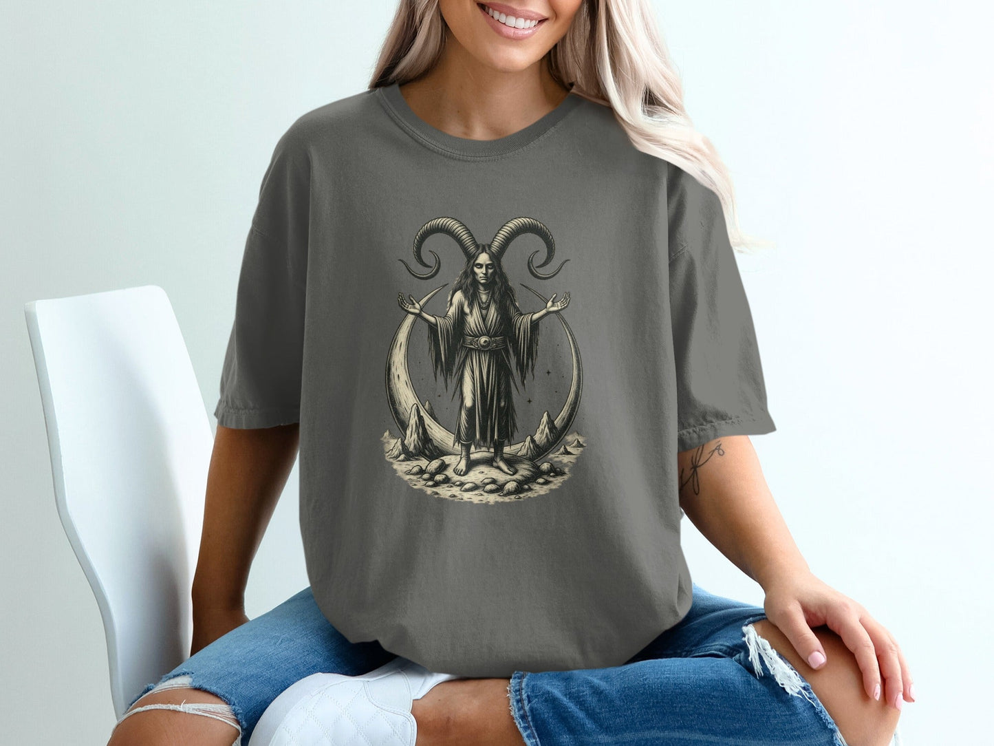 Goat Horned Goddess Mystic Moon Phase Graphic Design T-Shirt - IconVexa