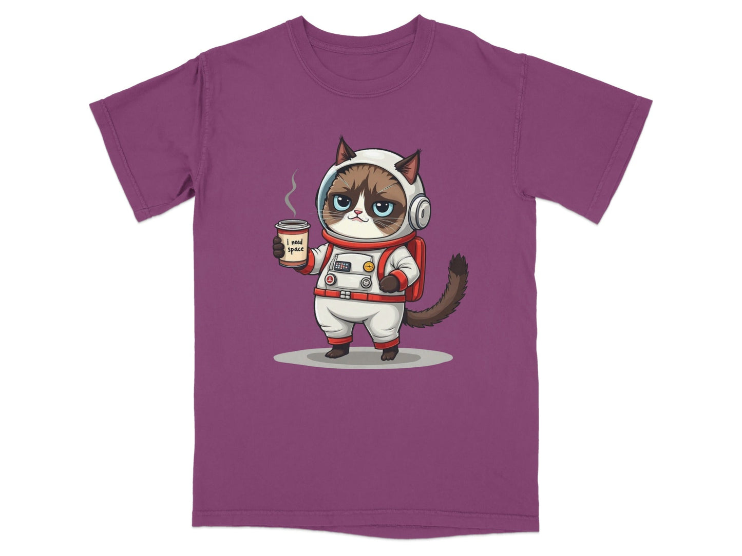 Grumpy astronaut cat holding coffee on purple novelty t-shirt, featuring 'I Need Space' design.