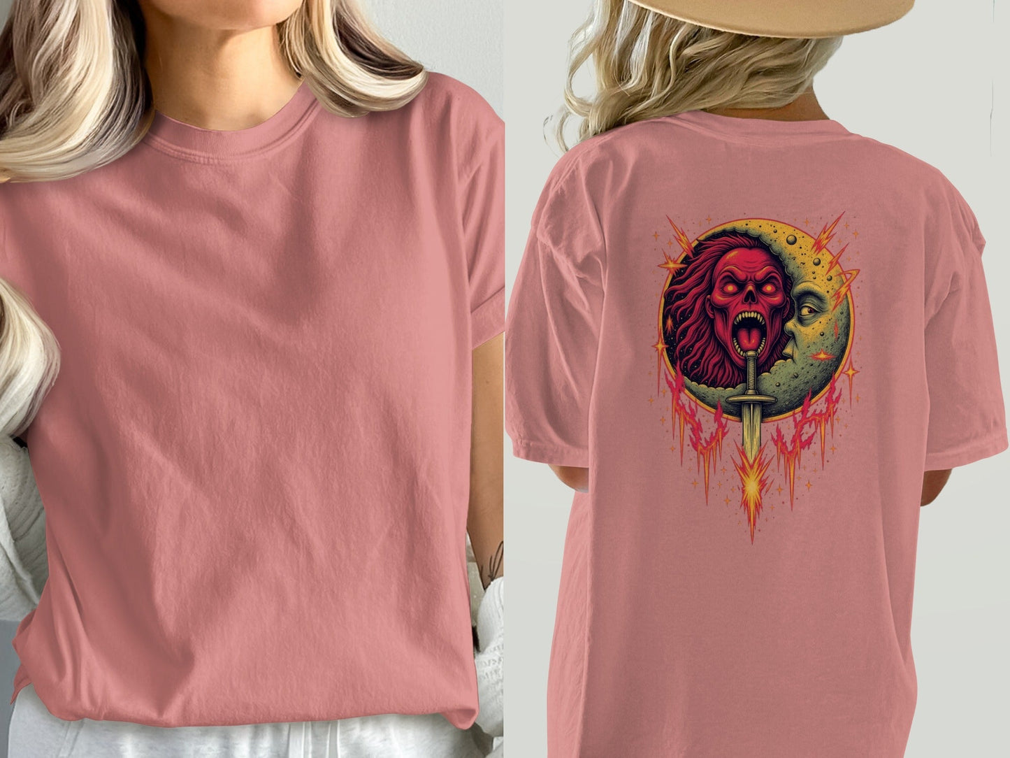 Half Moon with Skeleton Sword Fantasy Graphics Back T-Shirt - IconVexa