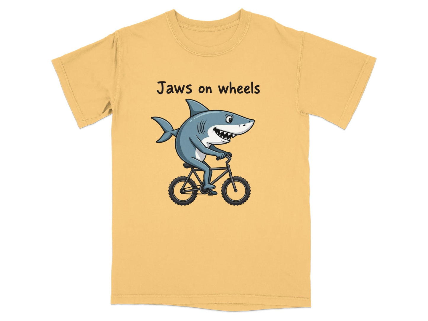 Jaws on Wheels Shark Riding Bike Funny Graphic Tee T-Shirt - IconVexa
